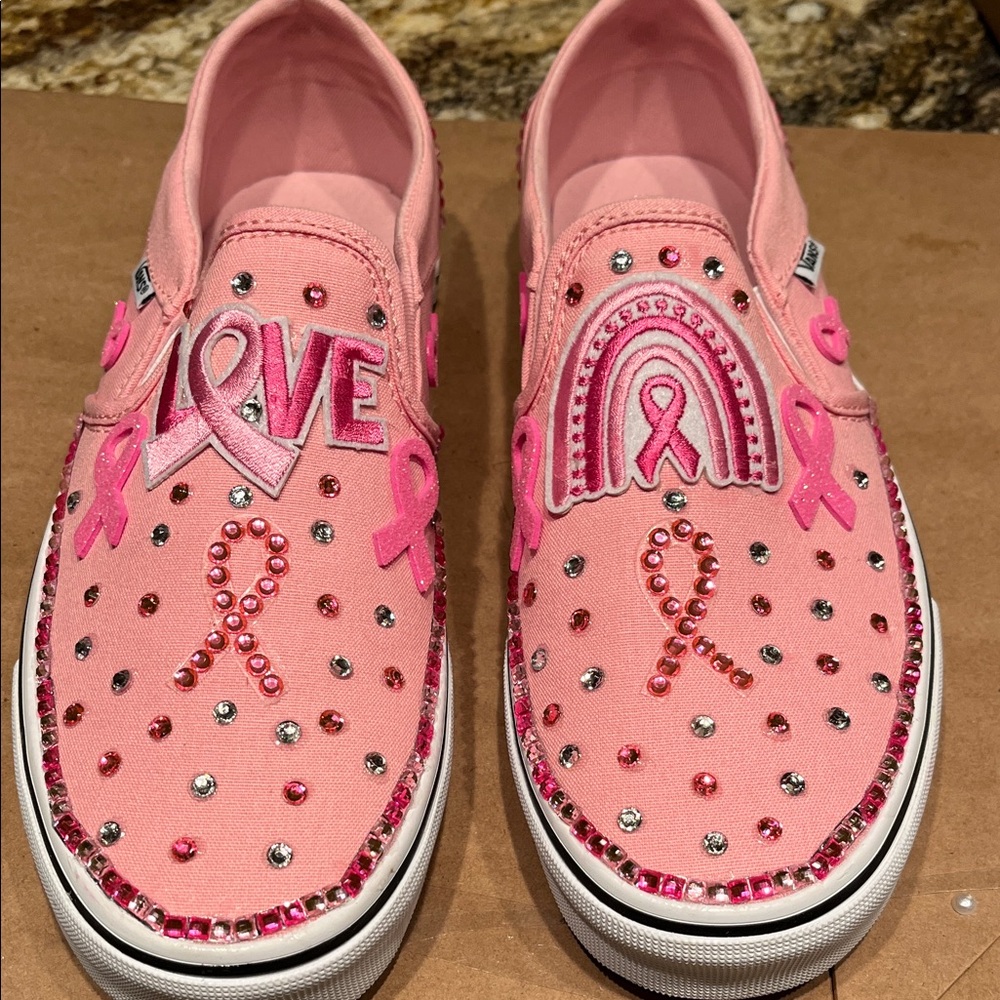 Vans Pink Embellished Women's Slip-On Sneakers, Breast Cancer Theme